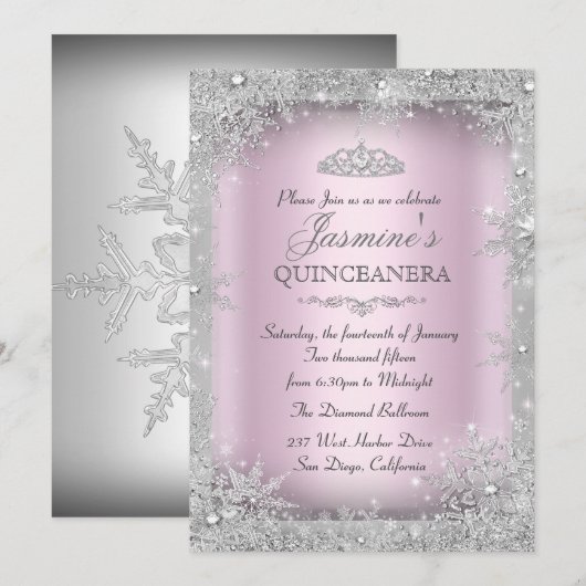 Silver Winter Wonderland Pink Quinceanera Party Kaart (Voorkant / Achterkant)