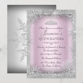 Silver Winter Wonderland Pink Quinceanera Party Kaart