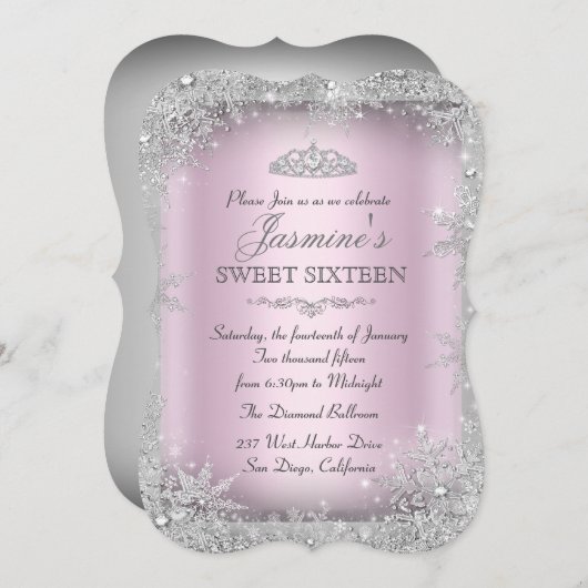 Silver Winter Wonderland Pink Sweet 16 Invite 2 Kaart (Voorkant / Achterkant)