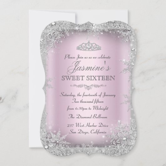 Silver Winter Wonderland Pink Sweet 16 Invite 2 Kaart (Voorkant)