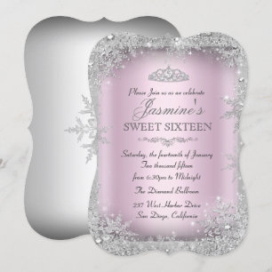 Silver Winter Wonderland Pink Sweet 16 Invite 2 Kaart