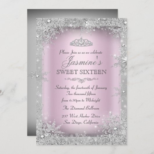 Silver Winter Wonderland Pink Sweet 16 Uitnodiging (Voorkant / Achterkant)