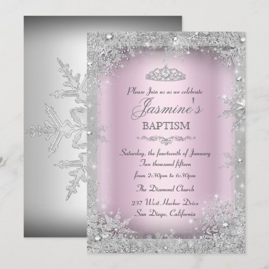 Silver Winter Wonderland Roze Baptisme Christening Kaart (Voorkant / Achterkant)
