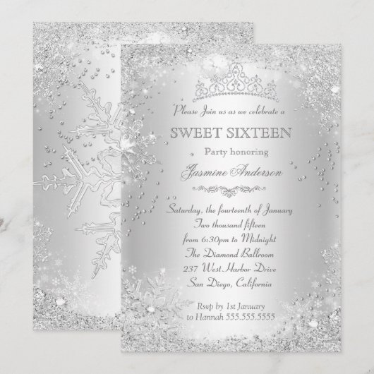 Silver Winter Wonderland Sweet 16 Tiara Kaart (Voorkant / Achterkant)