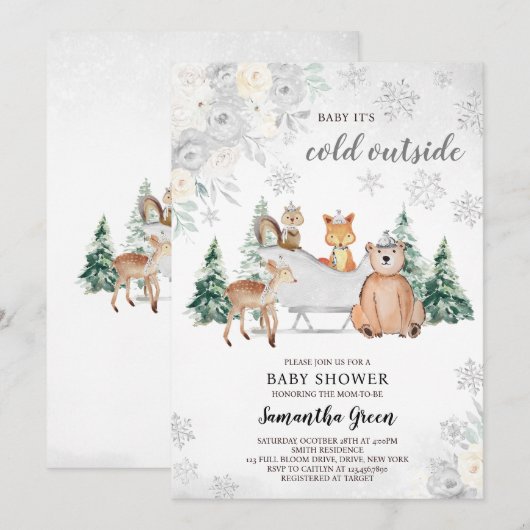 Silver Winter Woodland Baby shower Kaart (Voorkant / Achterkant)