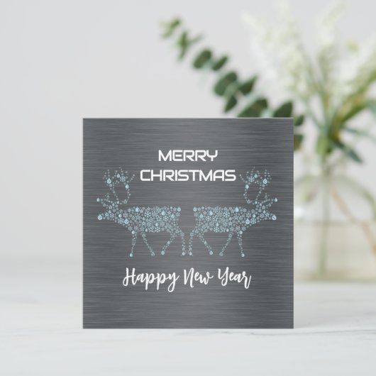 Silver wish card Christmas new year blue reindeer Feestdagenkaart (Staand voorkant)