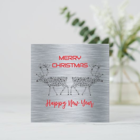 Silver wish card Merry Christmas new year reindeer Feestdagenkaart (Staand voorkant)