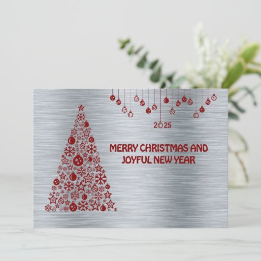Silver wish card New Year met tree & balls Feestdagenkaart (Staand voorkant)