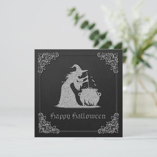 Silver Witch & Cauldron Halloween Wenskaart (Staand voorkant)