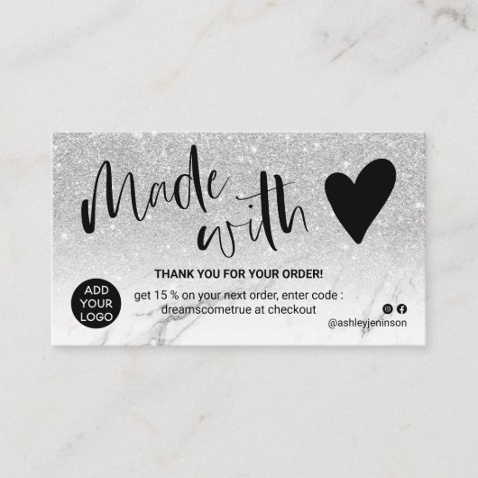 SIlver witte marmer bedankt dat je met liefde hebt Visitekaartje (Voorkant)