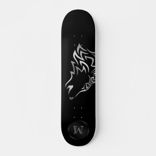 Silver Wolf Tribal Monogram Black Persoonlijk Skateboard (Voorkant)