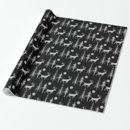 Silver Woodland Pine Forest Stag Black Cadeaupapier