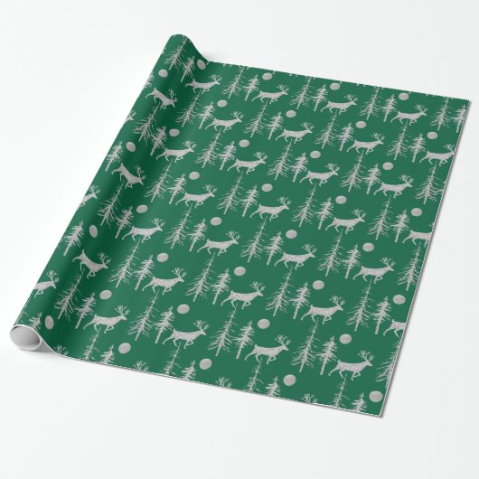 Silver Woodland Pine Forest Stag Green Cadeaupapier (Uitgerold)