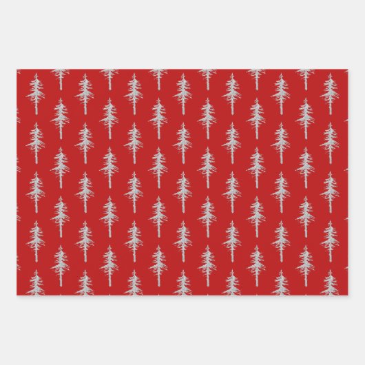 Silver Woodland Pine Tree Forest Holiday Red Inpakpapier Vel (Voorkant)