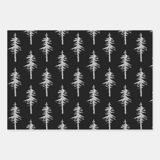 Silver Woodland Spruce Trees Forest Black Inpakpapier Vel (Voorkant 2)