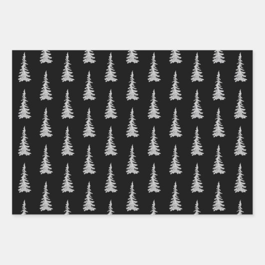 Silver Woodland Spruce Trees Forest Black Inpakpapier Vel (Voorkant)