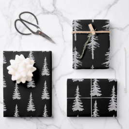 Silver Woodland Spruce Trees Forest Black Inpakpapier Vel