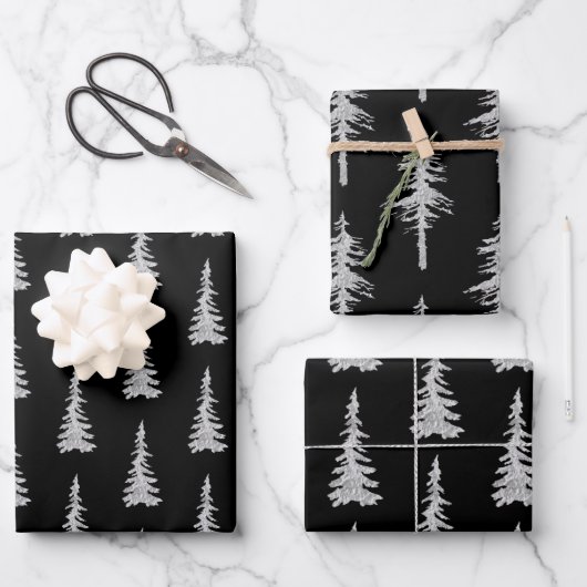 Silver Woodland Spruce Trees Forest Black Inpakpapier Vel (Voorkant)