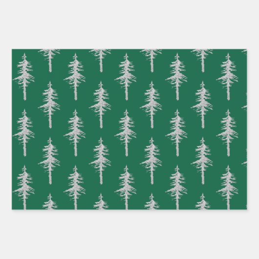 Silver Woodland Spruce Trees Forest Green Inpakpapier Vel (Voorkant 2)
