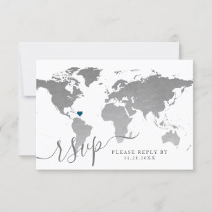 Silver World Travel Map Destination Wedding RSVP Kaartje