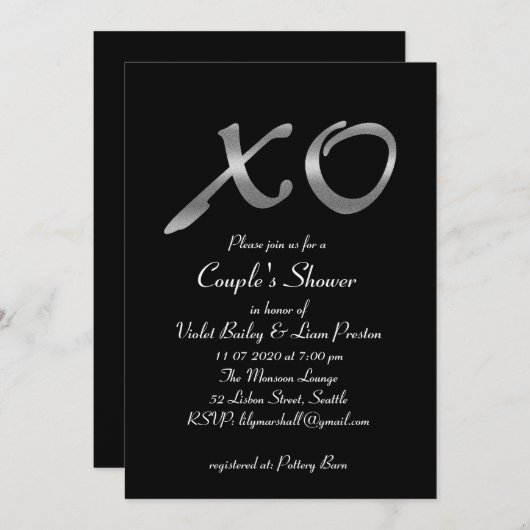 Silver XO's Couple's Shower Uitnodiging (Voorkant / Achterkant)