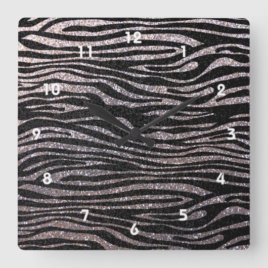 Silver zebra stripe (faux glitter bling) vierkante klok (Voorkant)