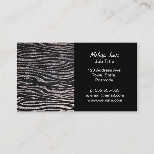 Silver zebra stripe (faux glitter bling) visitekaartje (Voorkant)