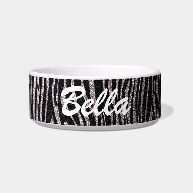 Silver zebra stripe (faux glitter bling) voerbakje (Voorkant)