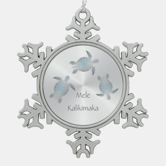 Silver Zee Turtle | Mele Kalikimaka | Hawaïaans Tin Sneeuwvlok Ornament (Voorkant)