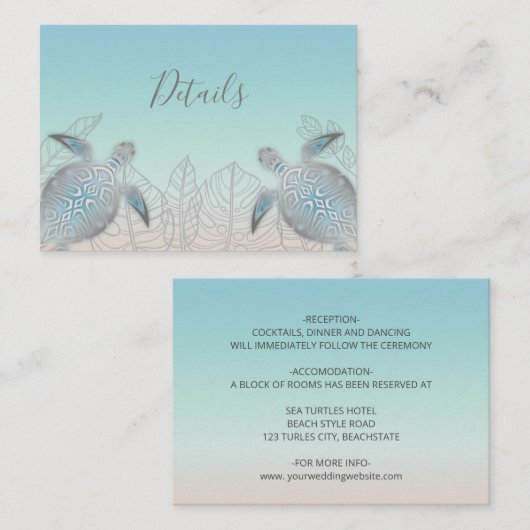 Silver Zee Turtles | Beach Weddenschap Details Informatiekaartje (Voorkant / Achterkant)
