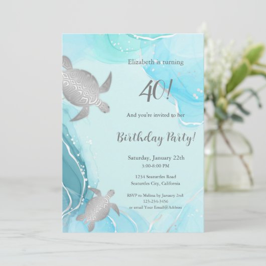 Silver Zee Turtles | Blauwe inkt | Geboortedag Kaart (Staand voorkant)