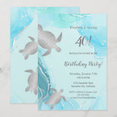 Silver Zee Turtles | Blauwe inkt | Geboortedag Kaart (Voorkant / Achterkant)