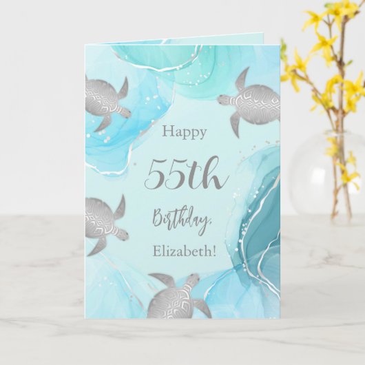Silver Zee Turtles Blue Ink Custom Birthday Kaart (Gele Bloem)