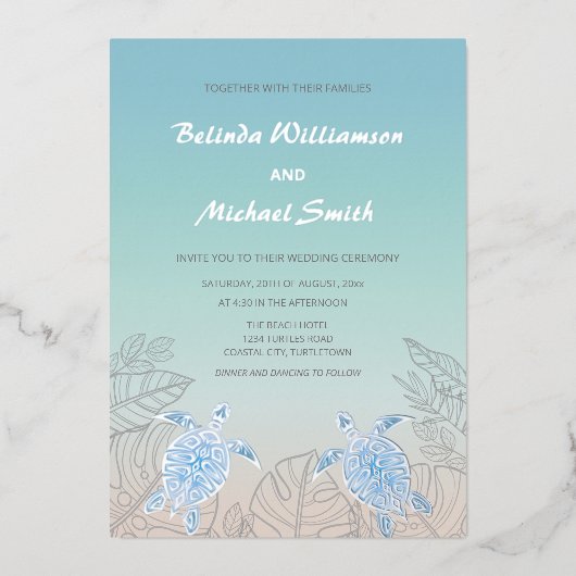 Silver Zee Turtles Turquoise | Beach Wedding Folie Uitnodiging (Voorkant)
