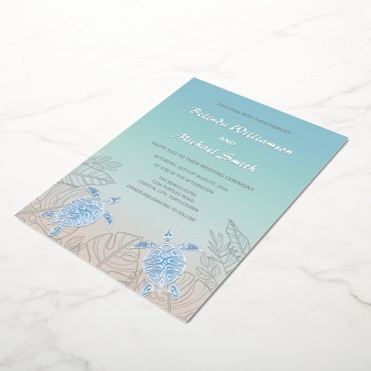 Silver Zee Turtles Turquoise | Beach Wedding Folie Uitnodiging (Gedraaid)