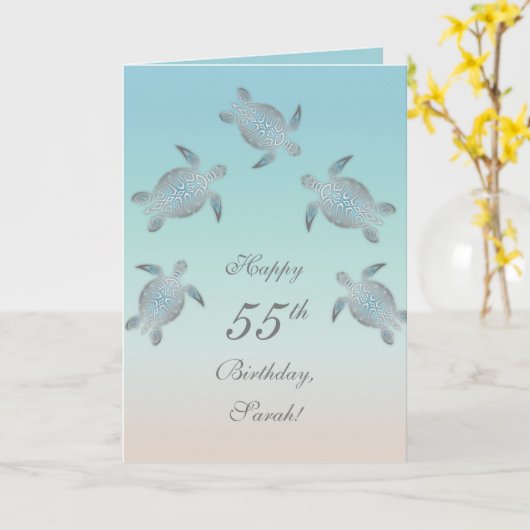 Silver Zee Turtles Turquoise Custom Birthday Kaart (Gele Bloem)