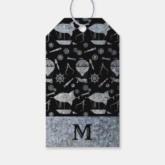 Silver Zinc Steampunk Airships Monogram Cadeaulabel (Voorkant)
