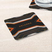 Silver. zwart, oranje geometrisch gaming monogram kartonnen onderzetters (Schuin)