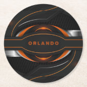 Silver, zwart, oranje geometrisch gaming-monogram ronde kartonnen onderzetter (Voorkant)