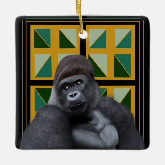 Silverback Gorilla Geel en Groen Geometrisch Keramisch Ornament (Voorkant)
