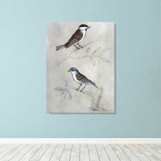 Silvered Aviary | Een paar vogels Canvas Afdruk (Insitu (Houten vloer))
