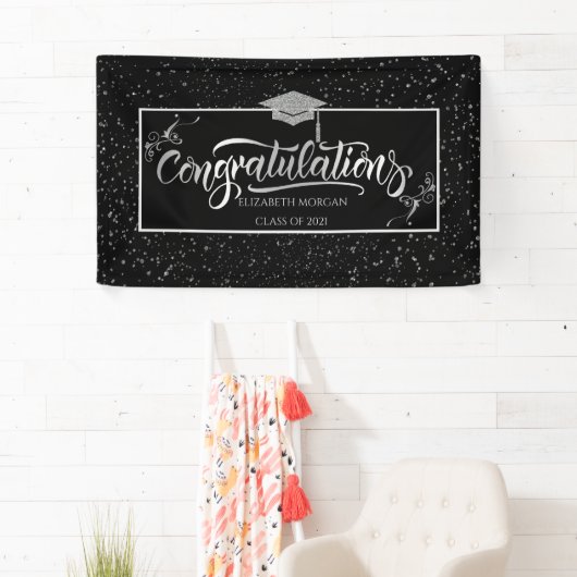 SilverGlitter Afstuderen Pet, Confetti Black Spandoek (Insitu)