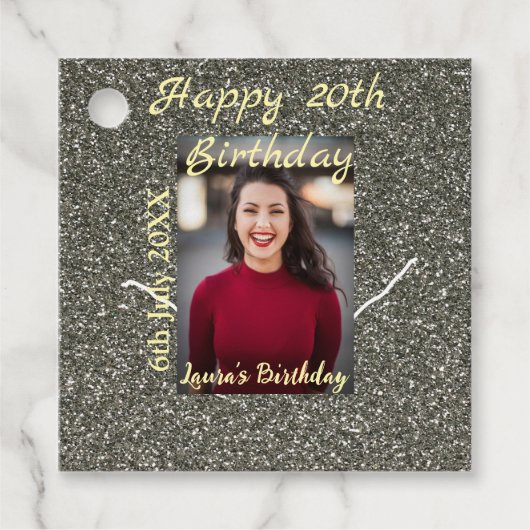 Silverglitter foto 20e verjaardag naam toevoegen d bedankjes labels (Voorkant)