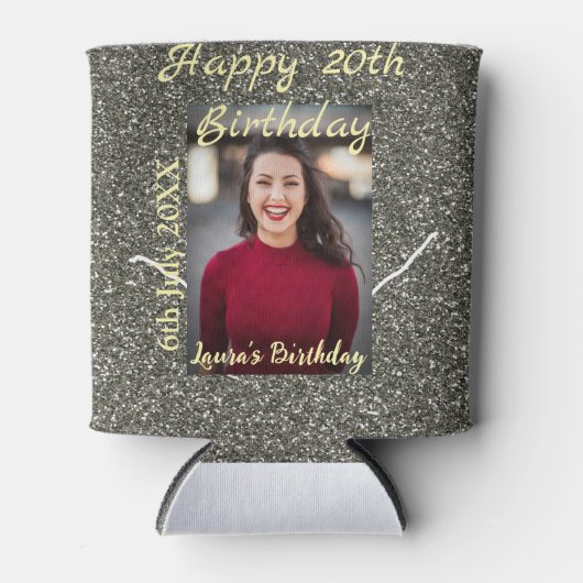 Silverglitter foto 20e verjaardag naam toevoegen d blikjeskoeler (Voorkant)