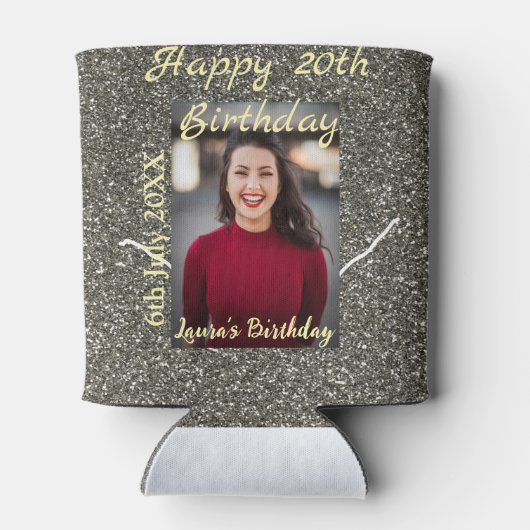 Silverglitter foto 20e verjaardag naam toevoegen d blikjeskoeler (Achterkant)