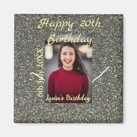 Silverglitter foto 20e verjaardag naam toevoegen d magneet (Voorkant)