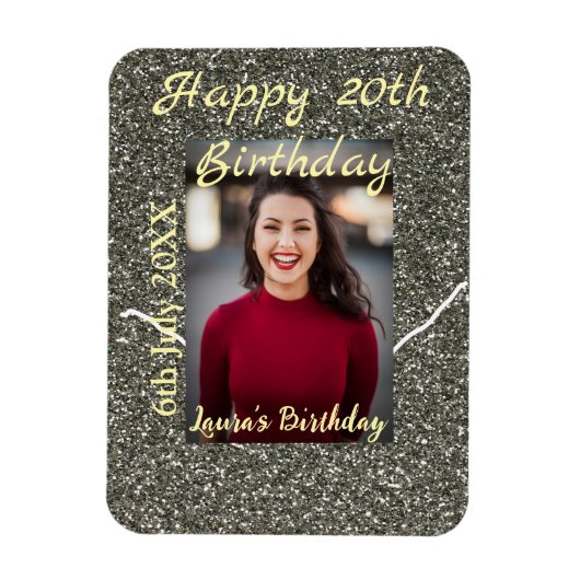 Silverglitter foto 20e verjaardag naam toevoegen d magneet (Verticaal)