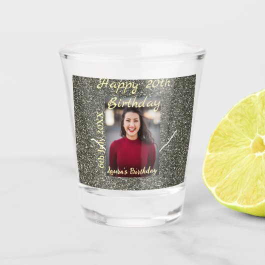 Silverglitter foto 20e verjaardag naam toevoegen d shot glas (Voorkant)