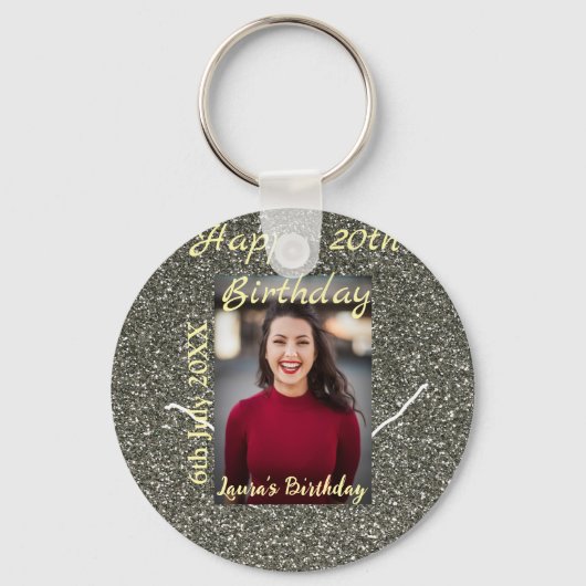 Silverglitter foto 20e verjaardag naam toevoegen d sleutelhanger (Voorkant)