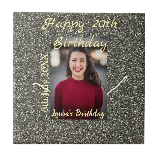 Silverglitter foto 20e verjaardag naam toevoegen d tegeltje (Voorkant)
